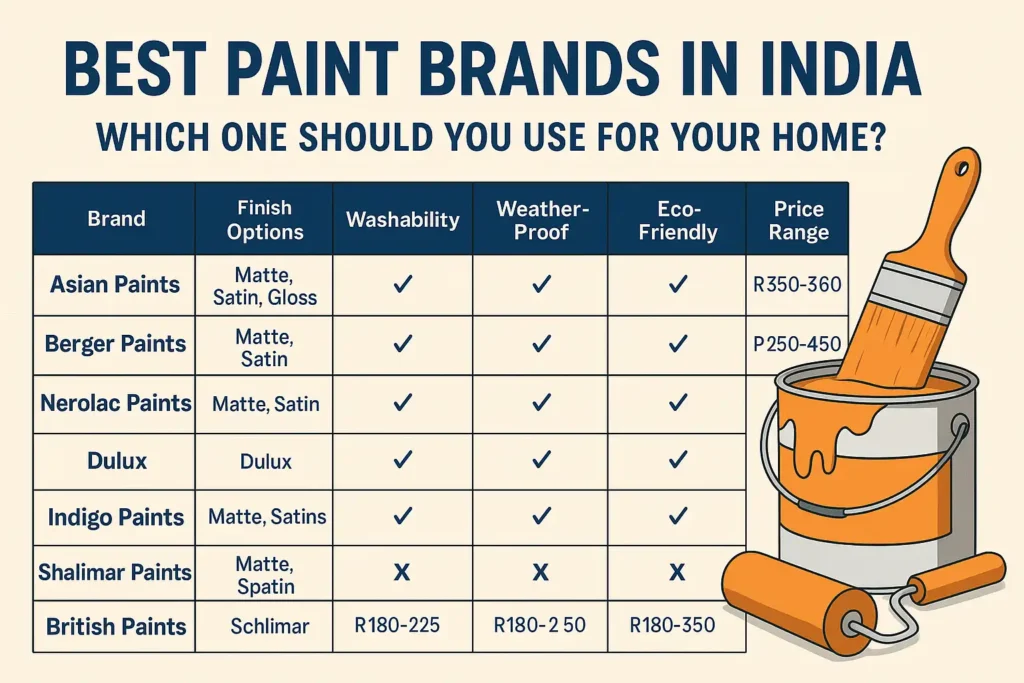 Best Paint Brands in India β Comparison Chart for 2025 Infographic comparing the best paint brands in India with features like finish options, washability, weather-proofing, eco-friendliness, and price range.