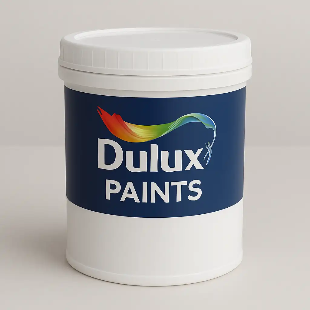 Dulux Paints Plastic Bucket with Blue Label and Rainbow Logo β Product Image White Dulux Paints bucket with dark blue label and colorful swoosh logo