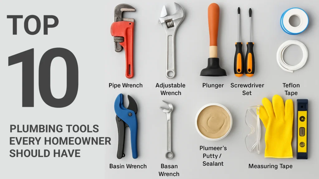 A flat-lay display of the top 10 plumbing tools every homeowner should have. The image includes a pipe wrench, adjustable wrench, plunger, screwdriver set, Teflon tape, basin wrench, basin wrench (misspelled as "Basan"), plumber's putty/sealant, measuring tape, protective gloves, and safety glasses, arranged on a gray background with clear labels.