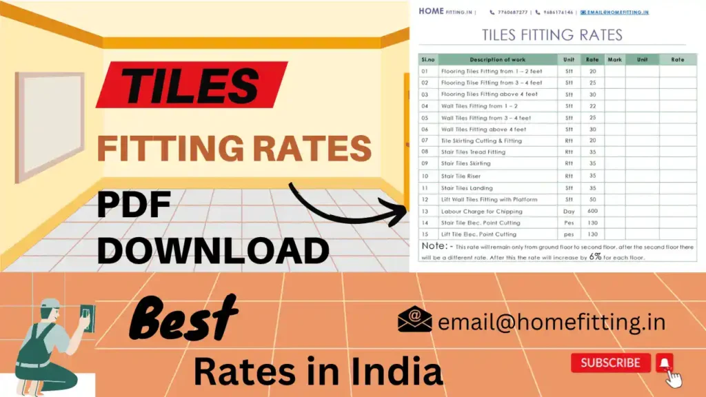 An image of a price list for tile fitting rates in India. The list shows prices for flooring tile fitting, wall tile fitting, tile skirting cutting and fitting, stair tile fitting, and labor charges for chipping. There is also a note that the rates will increase by 6% for each floor after the second floor. The text at the top of the image says "Home Fitting.In" and includes a phone number and email address.