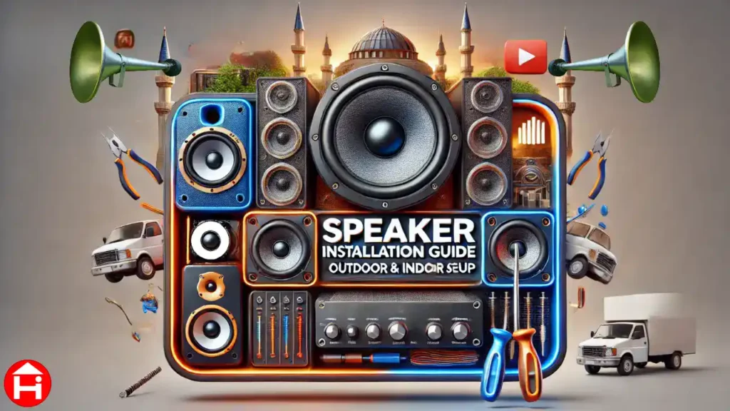 Easy Guide to Install Mosque Sound System : A vibrant and detailed illustration showcasing various sound system components and tools used for speaker installation. The central focus is a large speaker with control dials, surrounded by smaller speakers, amplifiers, and horns. In the background, there is a mosque with minarets, symbolizing outdoor and indoor setups. The title "Speaker Installation Guide: Outdoor & Indoor Setup" is prominently displayed. Tools like pliers and screwdrivers are shown alongside a van, representing the installation process. The logo of "Home Fitting" is visible in the corner for branding.