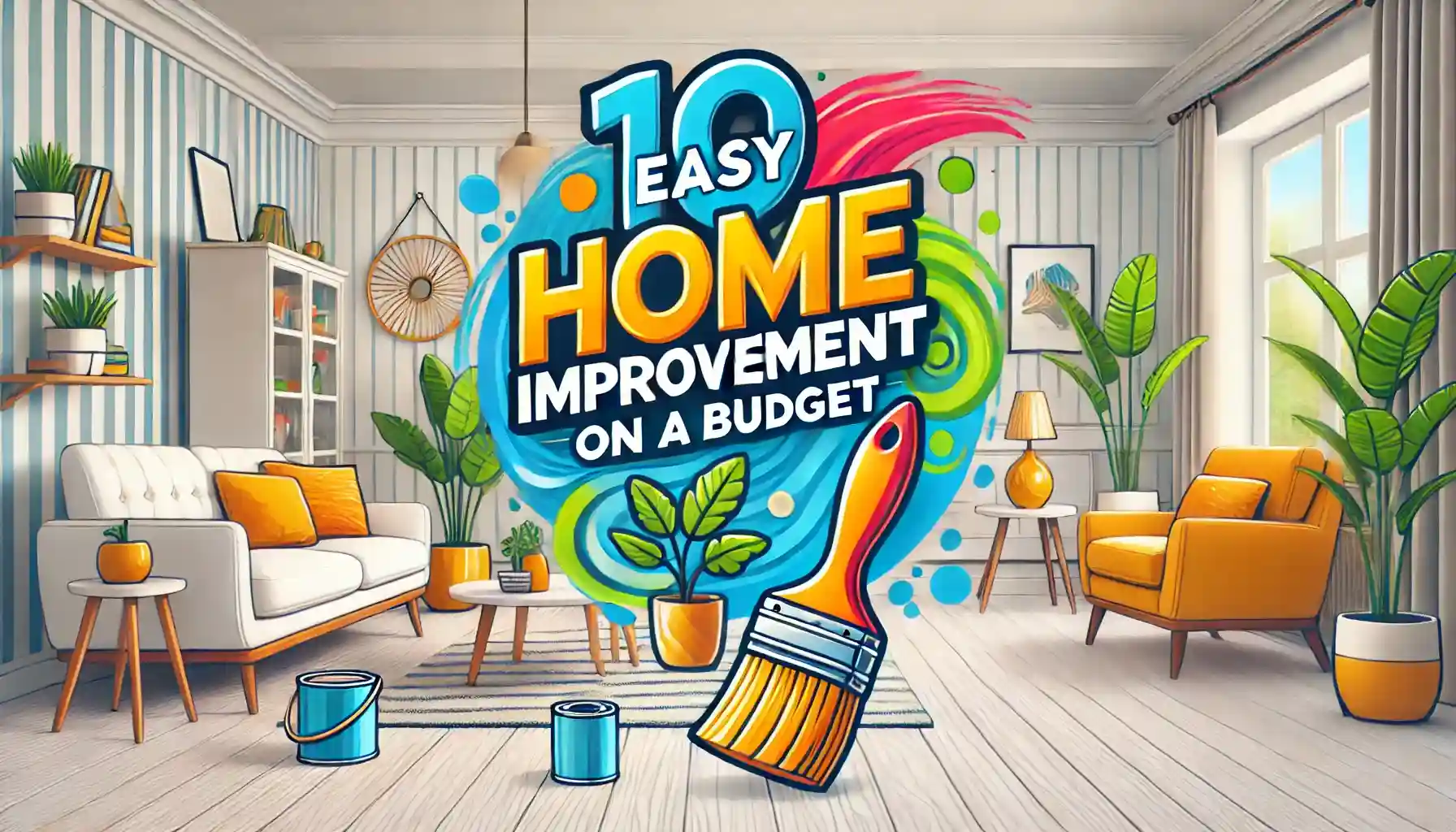 The image showcases a bright and stylish living room with modern décor, featuring vibrant yellow and orange accents. The walls have a striped pattern, complemented by indoor plants, wooden shelves, and a cozy seating arrangement. The text overlay reads, "10 Easy Home Improvement tips on a Budget," with colorful graphics, including a paintbrush and paint cans, emphasizing a creative and budget-friendly home improvement theme.