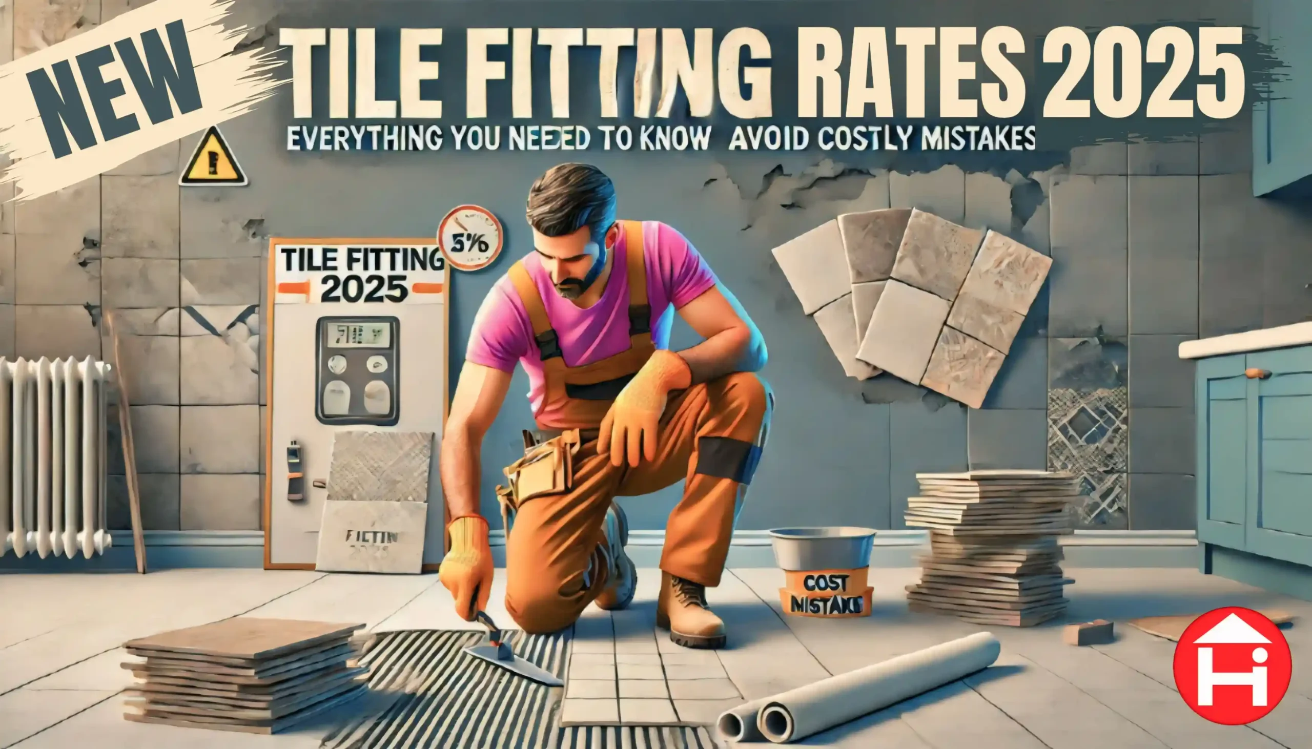 A tile installer kneeling on the floor, fitting tiles. He wears a pink T-shirt, brown overalls, and orange gloves, holding a trowel. The background features a wall with damaged and missing tiles, stacks of tiles, and a tool bucket labeled "COST MISTAKES." Bold text at the top reads "TILE FITTING RATES 2025," with a subheading "EVERYTHING YOU NEED TO KNOW AVOID COSTLY MISTAKES." A "NEW" label appears on the top left. The setting is a construction site with various tools and materials. A red and white "Hi" logo is visible in the bottom right corner.