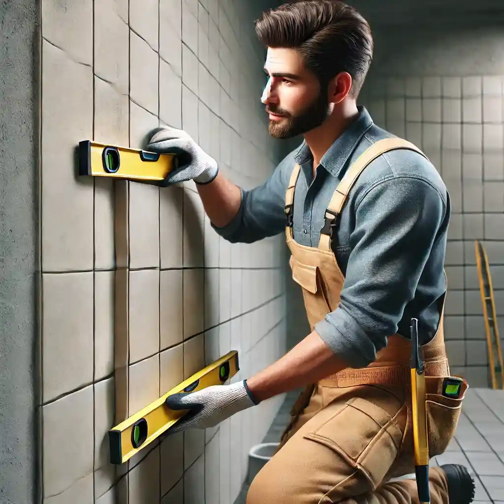 A skilled worker in tan overalls and gloves carefully aligns 1x1.5 wall tiles using two spirit levels, ensuring precise installation in a tiled room.