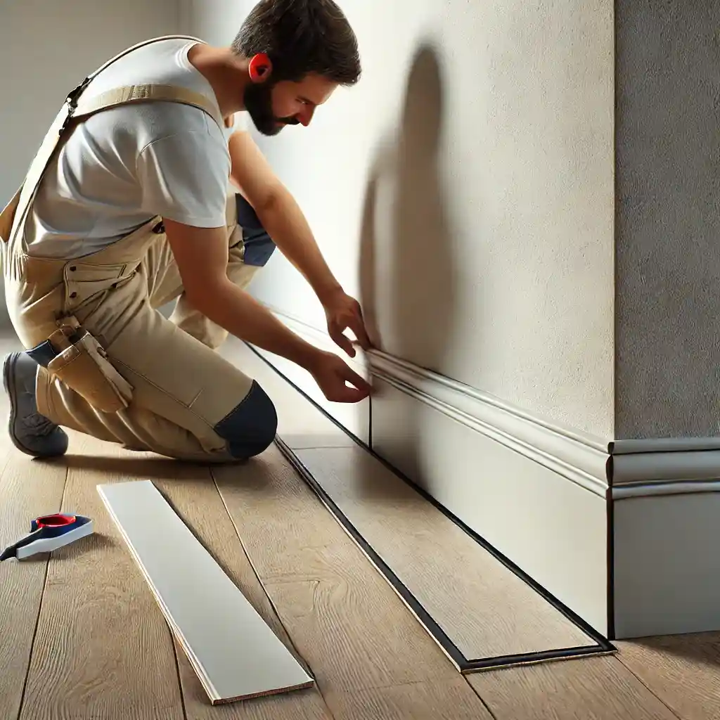 A worker in tan overalls kneels on a wooden floor, carefully installing skirting tiles along the base of a wall. He is aligning the trim precisely, with tools and materials neatly arranged nearby.