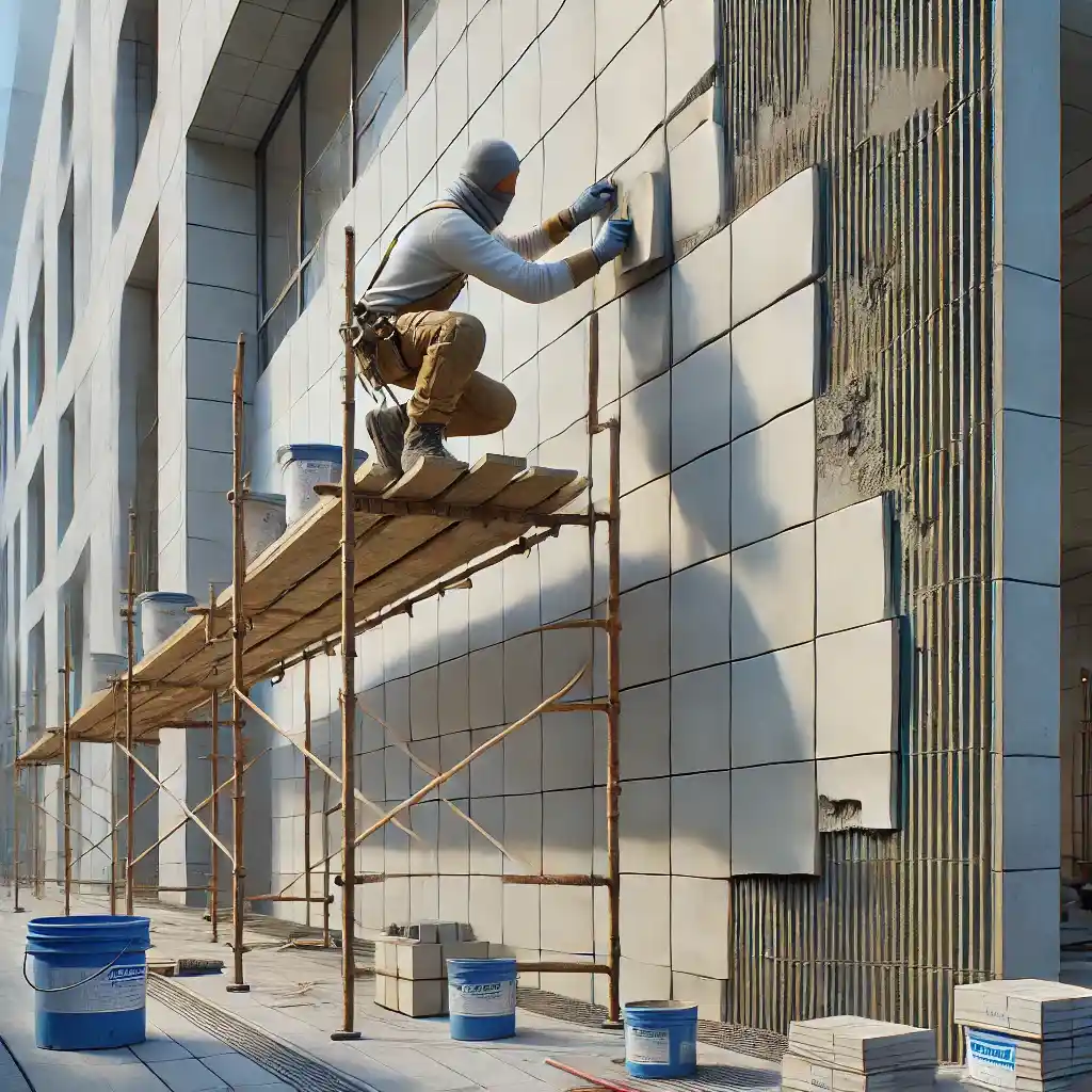 A worker installing outdoor wall tiles on a smooth, well-prepared exterior wall. The worker is standing on a tall bamboo scaffold, carefully placing tiles with precision. The construction site is clean and organized, with tools arranged neatly. The worker is wearing protective gear, including gloves and a dust mask, ensuring a professional and high-quality finish.