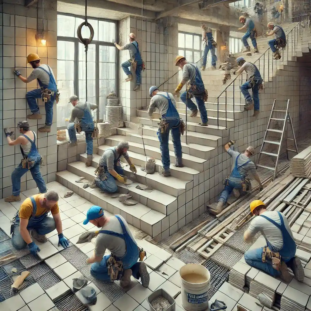 A highly detailed image showcasing multiple construction workers installing tiles on floors, walls, and stairs at a large construction site. Each worker is engaged in different stages of tiling, including applying adhesive, placing tiles, and grouting. The scene highlights the teamwork and craftsmanship involved in large-scale tile installation.