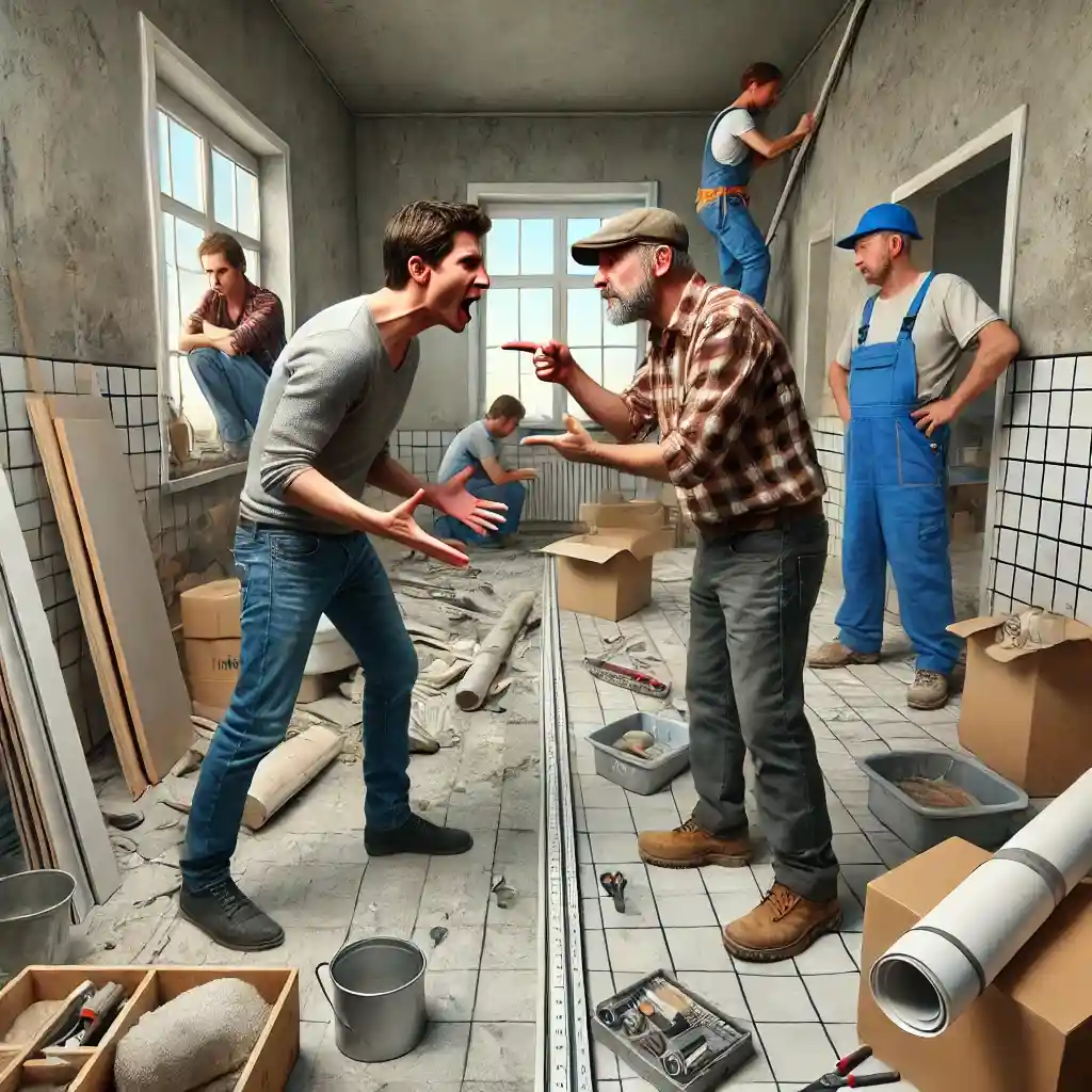 Depicting a tense argument between a homeowner and a contractor at a construction site. The homeowner, looking frustrated, is shouting and gesturing aggressively, while the contractor, an older man in a checkered shirt and cap, is pointing back defensively. The room appears to be under renovation, with tiles partially installed on the walls and floor, scattered tools, and construction materials lying around. In the background, multiple workers in blue overalls are engaged in various tasks, such as tiling, measuring, and working on the walls, while another individual sits on a windowsill observing the argument. The atmosphere is filled with tension and frustration.