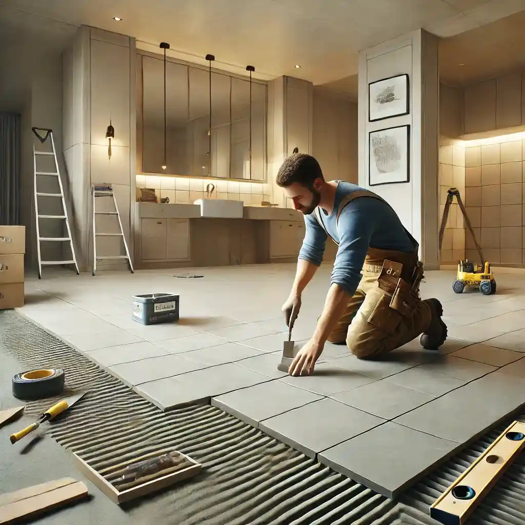 A construction worker installing large 2x2 feet floor tiles in a modern home, ensuring precise alignment with a trowel.