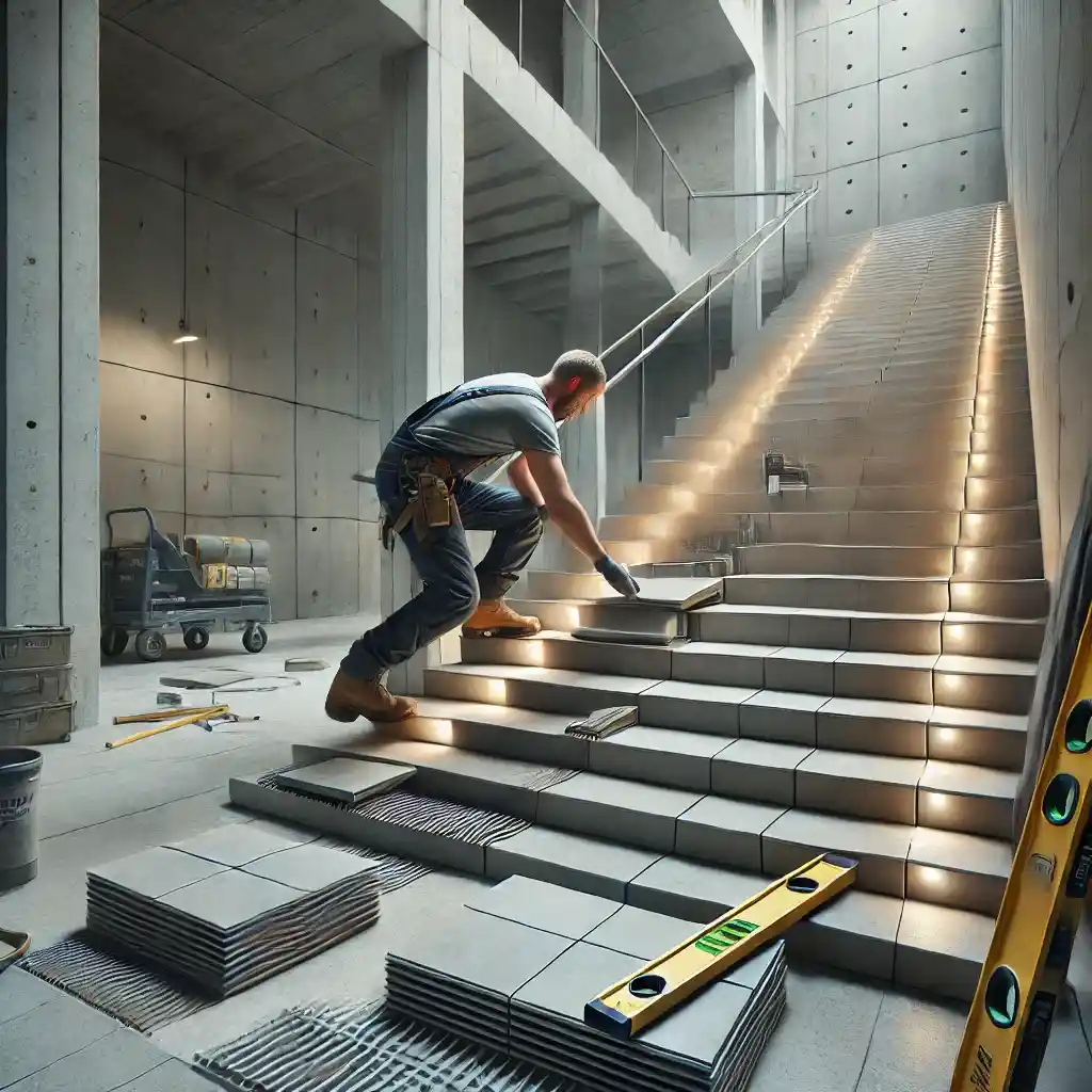 A worker installing tiles on a staircase in a modern building. The worker is carefully aligning the tiles on each step, ensuring a precise and clean finish. The staircase is made of concrete, and the worker is using adhesive and a level for proper installation. The environment is well-lit, with construction tools neatly arranged around the work area. The worker is wearing protective gear, including gloves and knee pads, showcasing a professional and high-quality tile installation process.