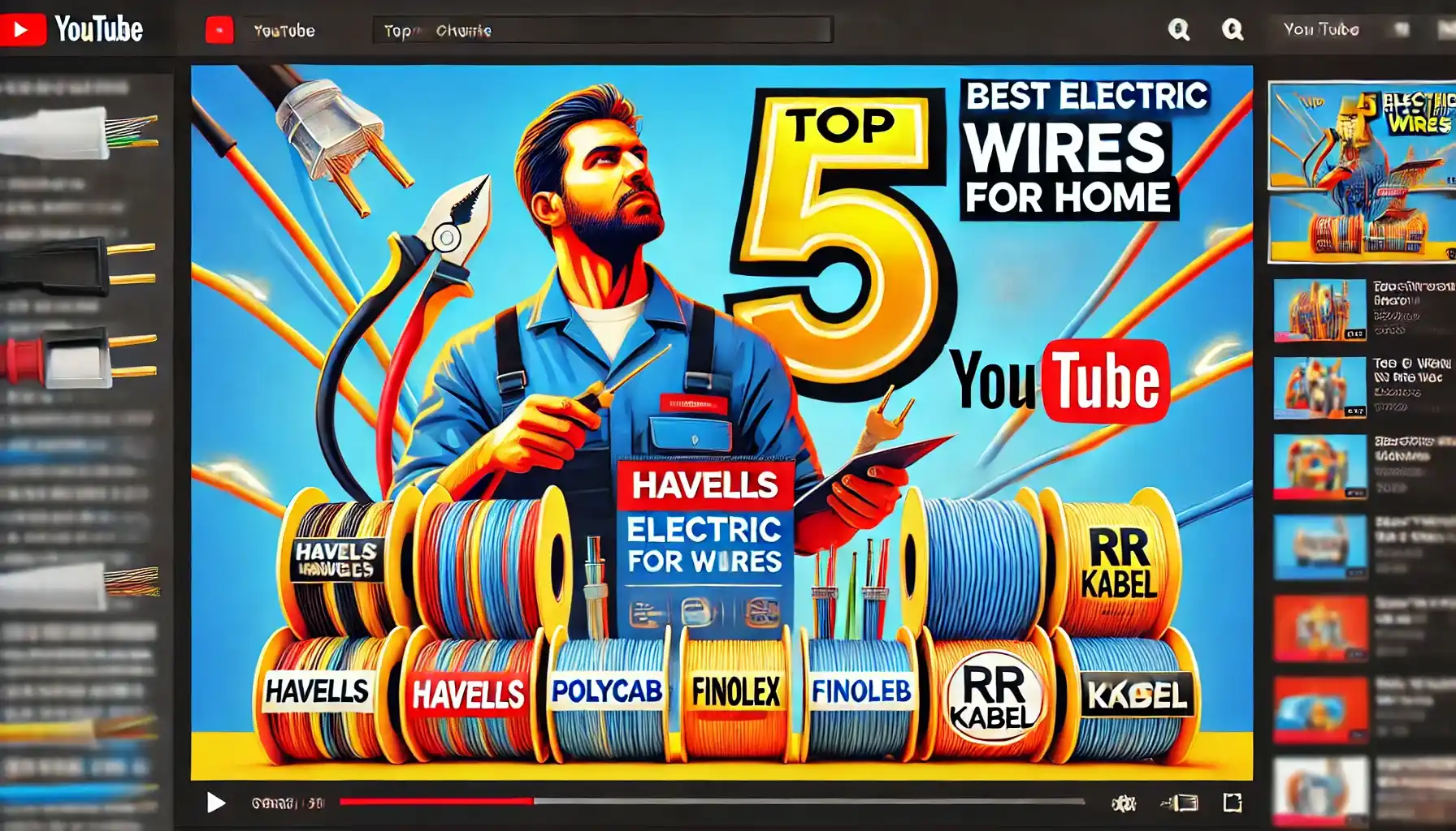 A high-resolution YouTube thumbnail for a video titled "Top 5 Best Electric Wires for Home." The image features a bearded electrician wearing a blue uniform, holding electrical tools while surrounded by various branded wire rolls such as Havells, Polycab, Finolex, and RR Kabel. The background is vibrant with electrical sparks and tools, emphasizing a high-quality, eye-catching design.