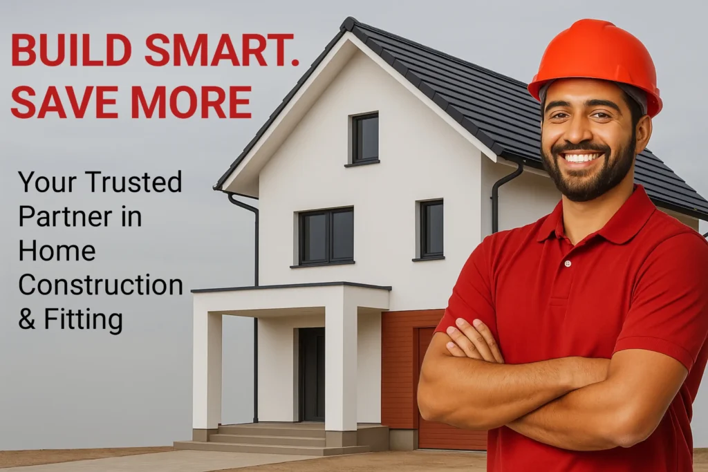 Home Fitting About Us - Smiling construction worker in a red shirt and safety helmet standing in front of a modern white house.