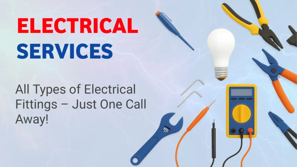 Electrical services promotional banner with tools like pliers, screwdriver, bulb, wrench, and multimeter on a light background.