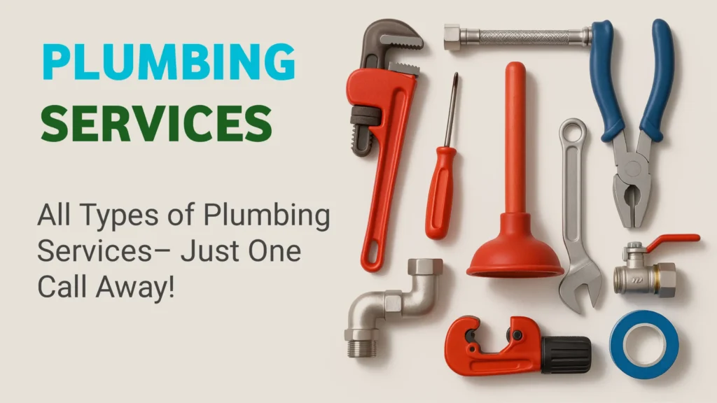 Plumbing services banner with various plumbing tools including wrench, plunger, tape, and pipe fittings.