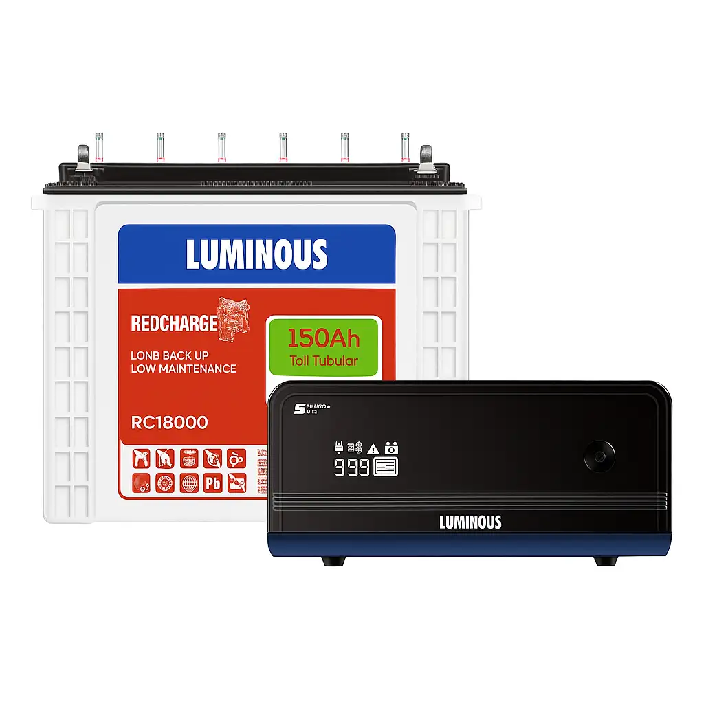 Luminous 150Ah inverter battery with digital inverter unit front view