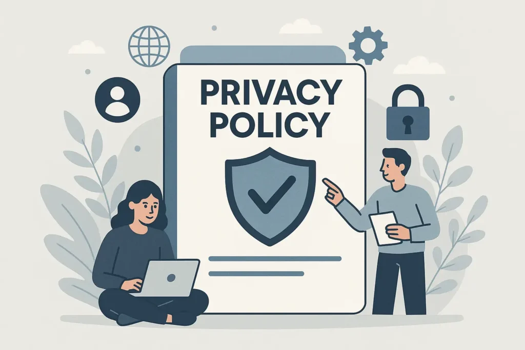 Illustration of a privacy policy document with a shield icon, a man pointing at the document, and a woman using a laptop.