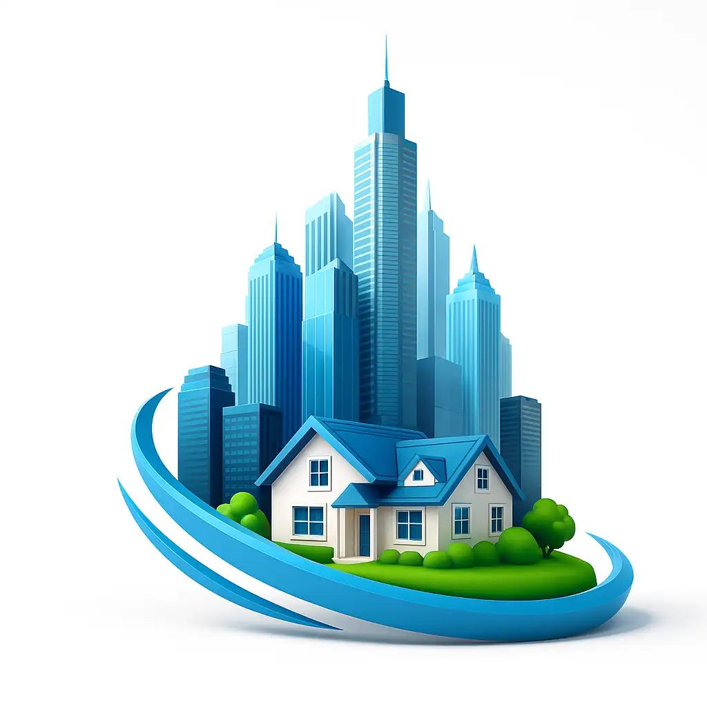 Real Estate Services - 3D illustration of a suburban house surrounded by green trees, set in front of tall, modern skyscrapers with a blue swoosh encircling the scene