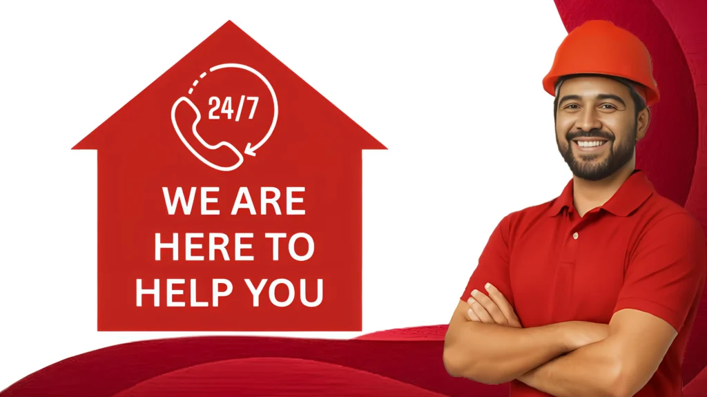 Smiling construction worker in red attire beside a red house icon with “24/7 We Are Here to Help You” text.