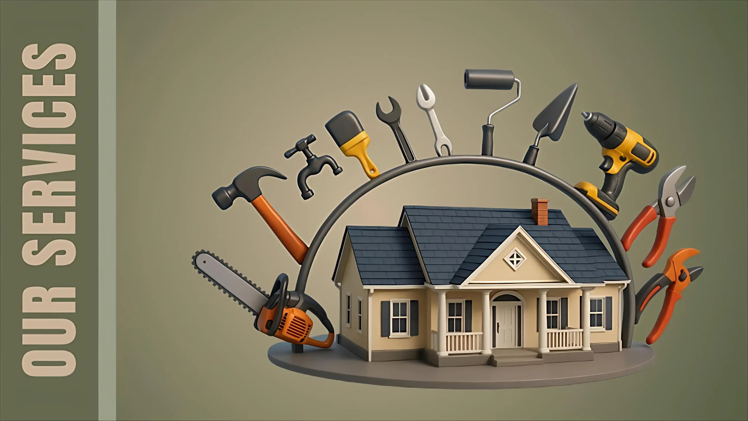 3D illustration of a house surrounded by various construction and repair tools representing home services.