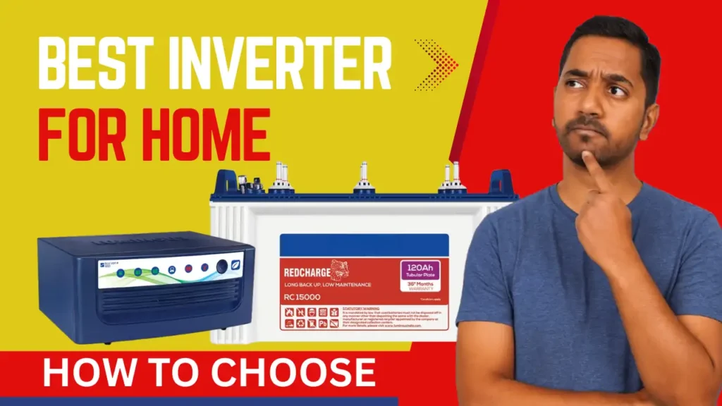 A man thinking while looking at an inverter and battery with the text "Best Inverter and Battery for Home – How to Choose" displayed on a colorful background