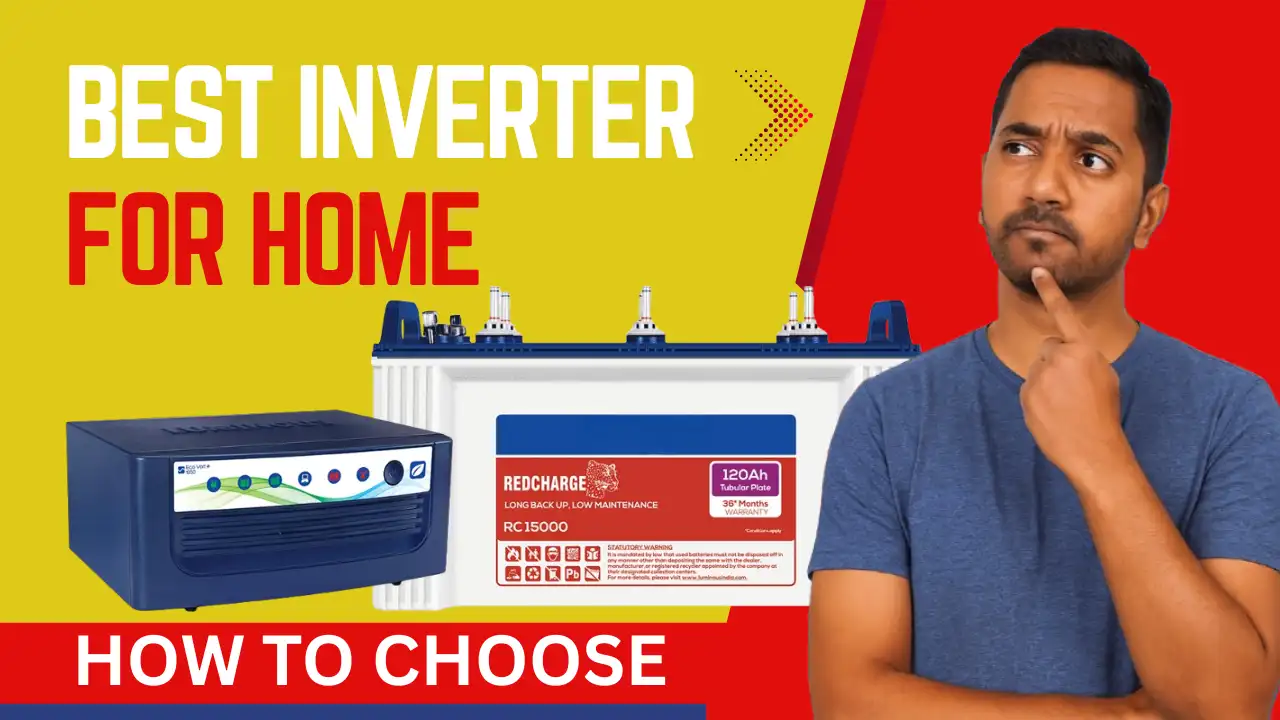 A man thinking while looking at an inverter and battery with the text "Best Inverter and Battery for Home – How to Choose" displayed on a colorful background