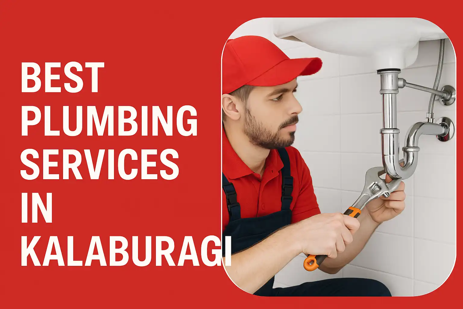 A professional plumber wearing a red uniform and cap is using a wrench to tighten a pipe under a bathroom sink. The image is used in a promotional graphic for the best plumbing services in Kalaburagi, featuring bold white text on a red background.