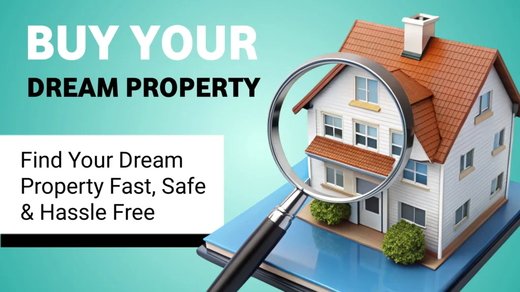 Buy Property 3D-rendered image of a house under a magnifying glass on a digital tablet, with text promoting the purchase of a dream property