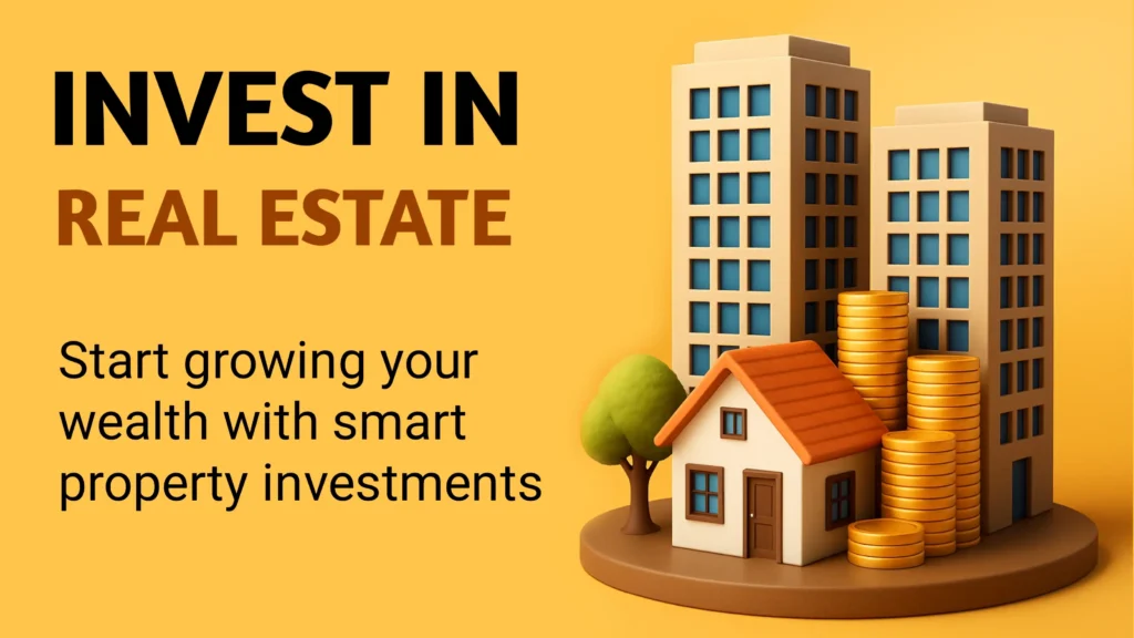 3D illustration of a house, tall buildings, and stacks of gold coins on a circular platform, with text invest in real estate.