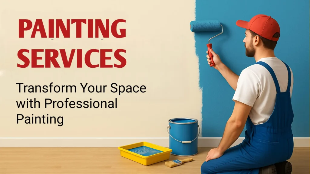 A professional male painter kneeling on the floor while painting a beige wall with blue paint using a roller brush. He is wearing a red cap, a white t-shirt, and blue overalls. On the floor beside him are a blue paint can, a yellow paint tray, and a paintbrush. The left side of the image features text that reads: “PAINTING SERVICES – Transform Your Space with Professional Painting.”