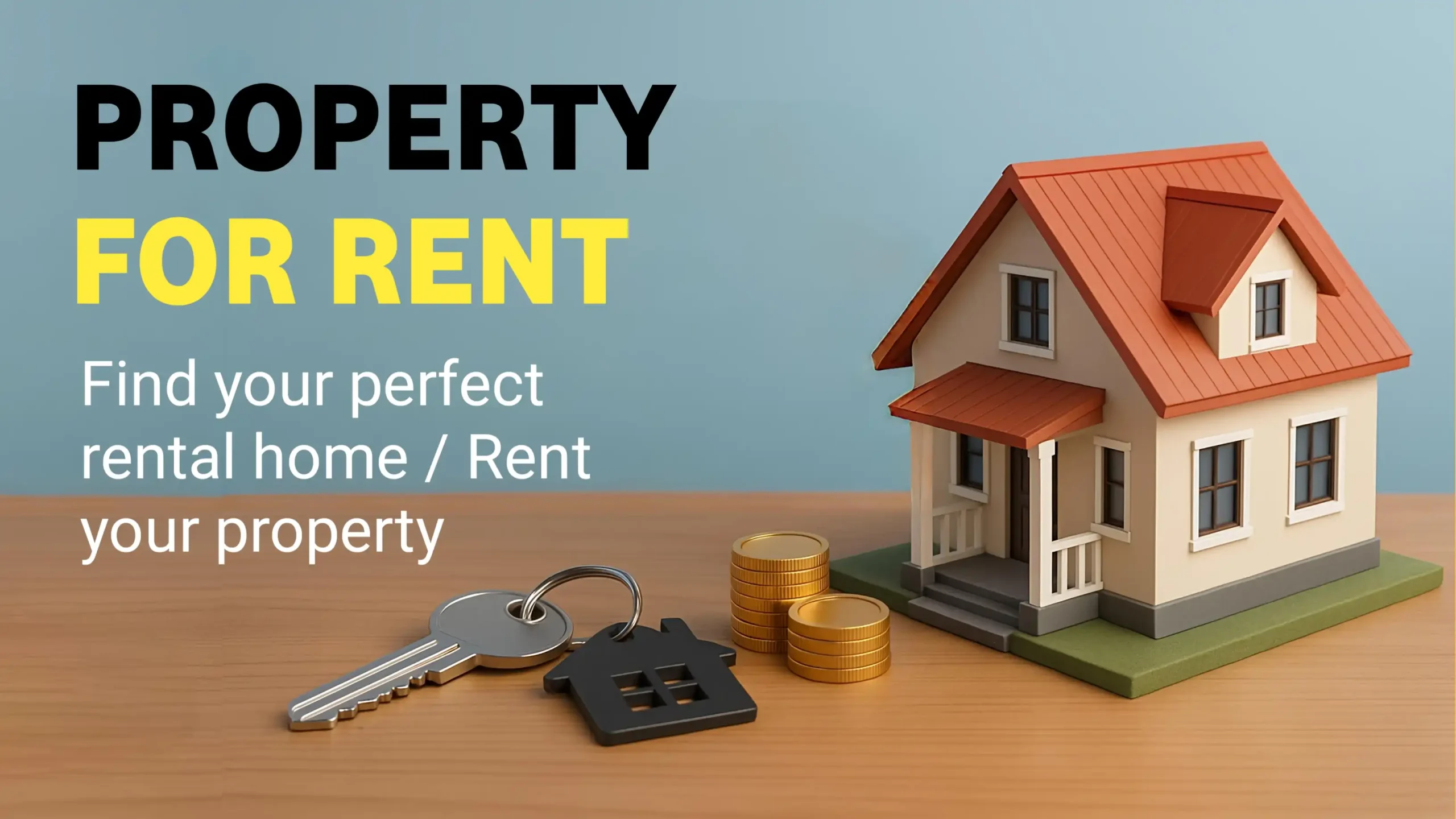 3D illustration of a rental house with keys, coins, and “Property for Rent” text.