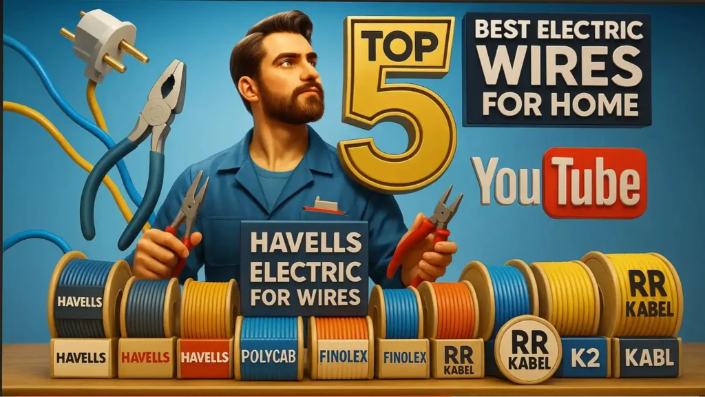 Top 5 Best Electric Wires for Home | Havells, Polycab, Finolex, RR Kabel | YouTube Thumbnail YouTube thumbnail showing a man holding electrical tools with various electric wire brands like Havells, Polycab, Finolex, and RR Kabel, promoting the top 5 best electric wires for home.