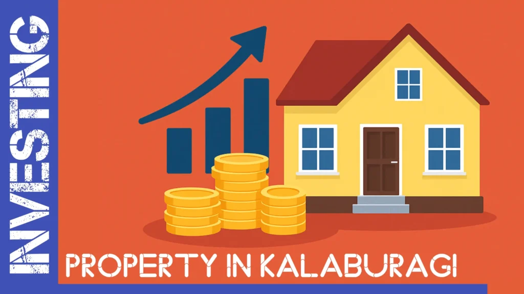 Illustration of real estate investment showing a house, stacked coins, and a rising graph with the text "Investing in Property Kalaburagi".