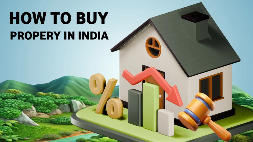 3D house with legal and financial symbols representing property buying process in India ; how to buy property in india