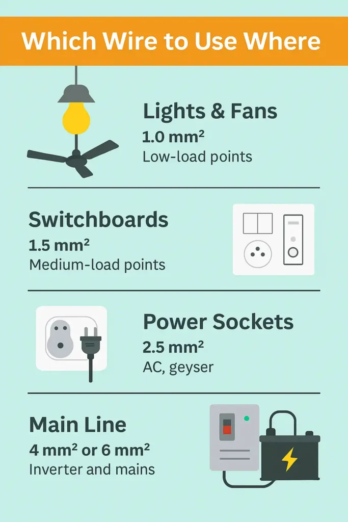 Which Wire to Use Where – Electrical Wire Size Guide for Home Infographic showing wire thickness recommendations for different electrical points in a home, including lights, fans, switchboards, power sockets, and the main line.