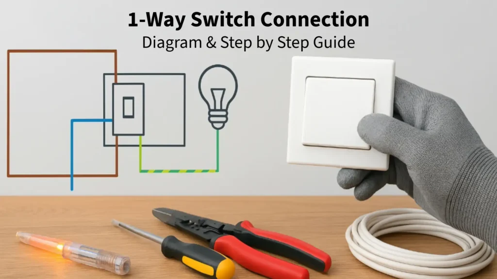 1-Way Switch Connection diagram with tools and a gloved hand holding a light switch on a wooden workbench