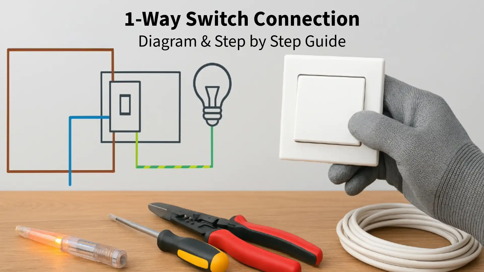 1-Way Switch Connection diagram with tools and a gloved hand holding a light switch on a wooden workbench