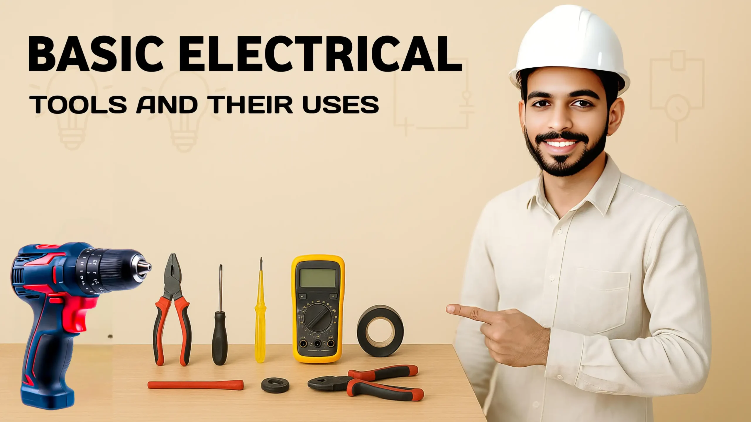 An electrician in a white hard hat and beige shirt points towards a neatly arranged set of essential electrical tools on a wooden table, including a cordless drill, pliers, screwdrivers, a digital multimeter, electrical tape, and a wire cutter, with the text "Basic Electrical Tools and Their Uses" displayed in bold at the top.