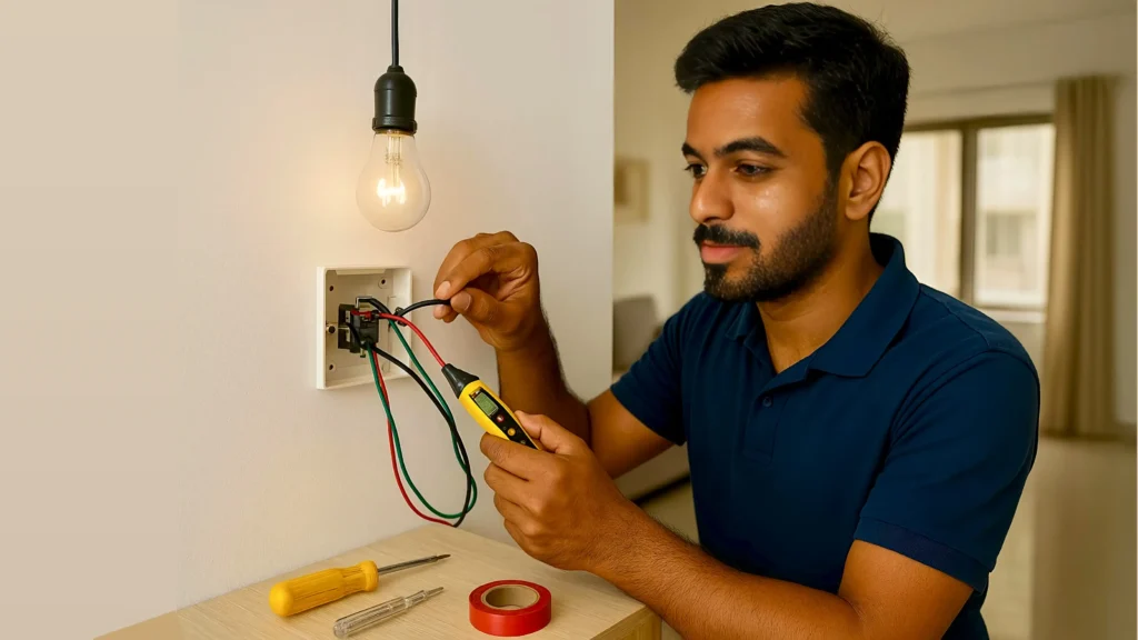 Wiring Basics Introduction to House Wiring : Young Indian electrician with slight beard wiring a switchboard, using insulated red, black, and green wires, with tools on the table in a modern home.