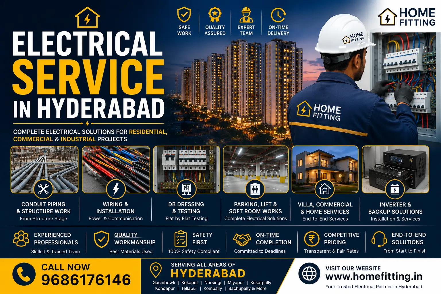 Electrical Services in Hyderabad by Home Fitting for residential towers, villas, commercial buildings, wiring, DB dressing and electrical installations